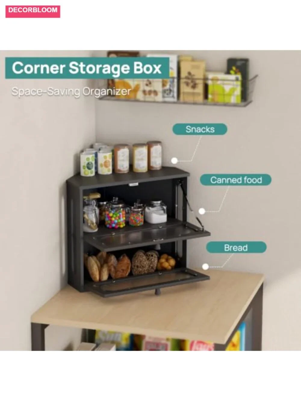 Bamboo Corner Bread Box with Acrylic Door, Large Dual-Tier Kitchen Storage